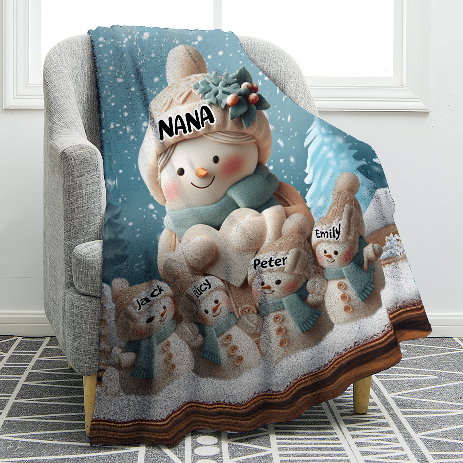 Personalised Snowman Family Blanket with Custom 5 Names Cozy Gift for Family-Jessemade AU