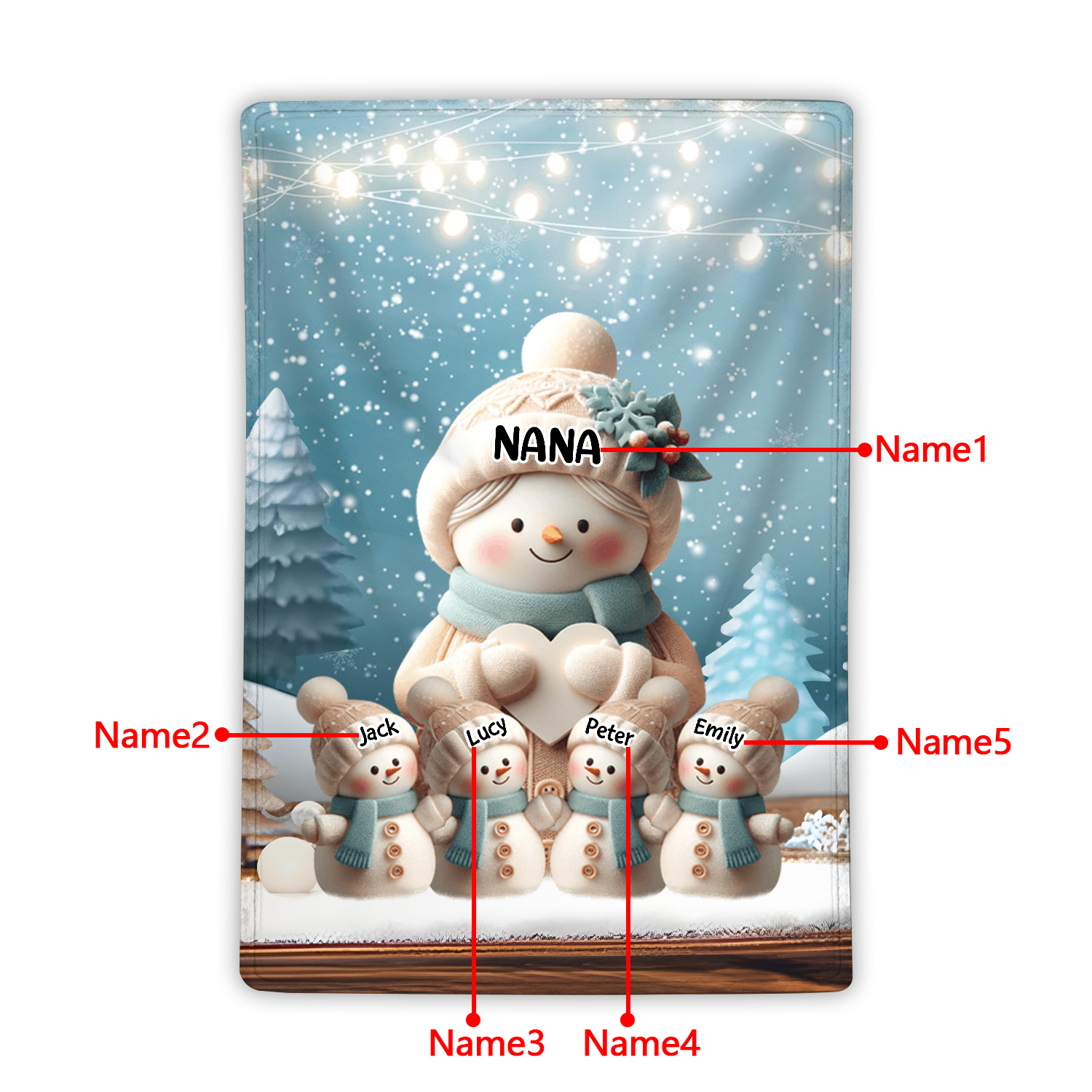Personalised Snowman Family Blanket with Custom 5 Names Cozy Gift for Family