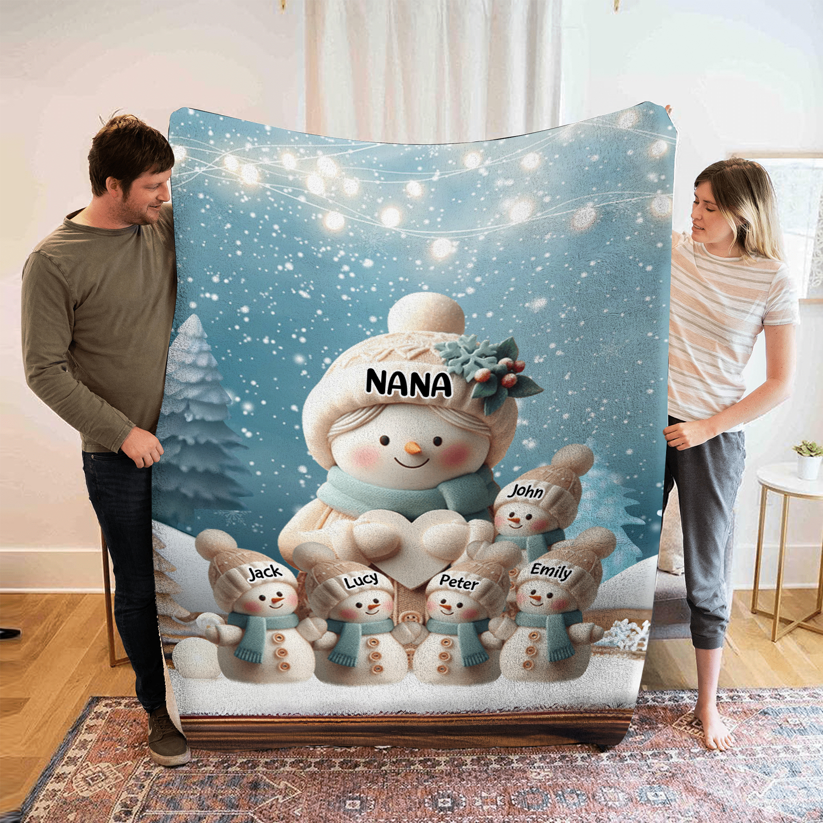 Personalised Snowman Family Blanket with Custom 6 Names Cozy Gift for Family
