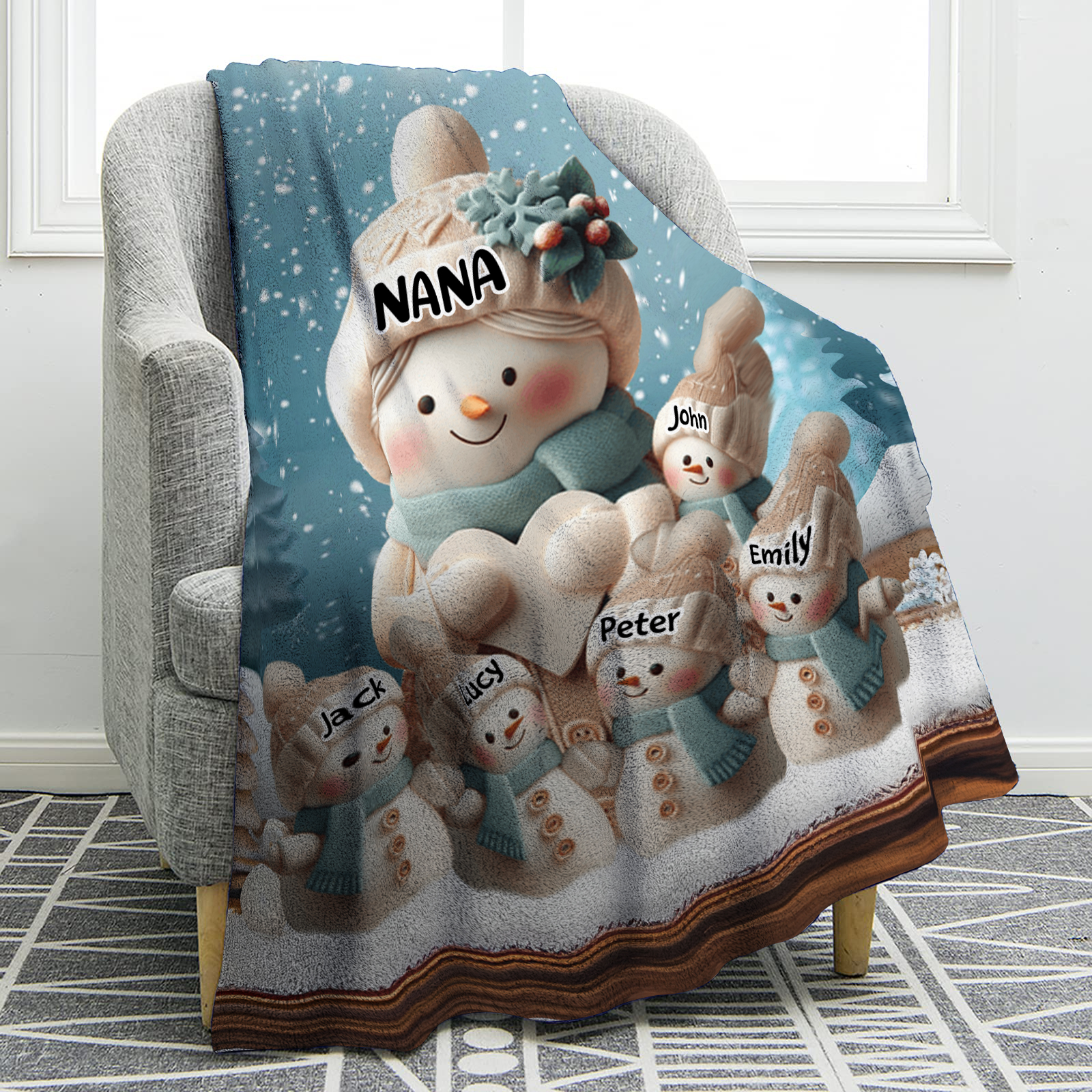 Personalised Snowman Family Blanket with Custom 6 Names Cozy Gift for Family-Jessemade AU