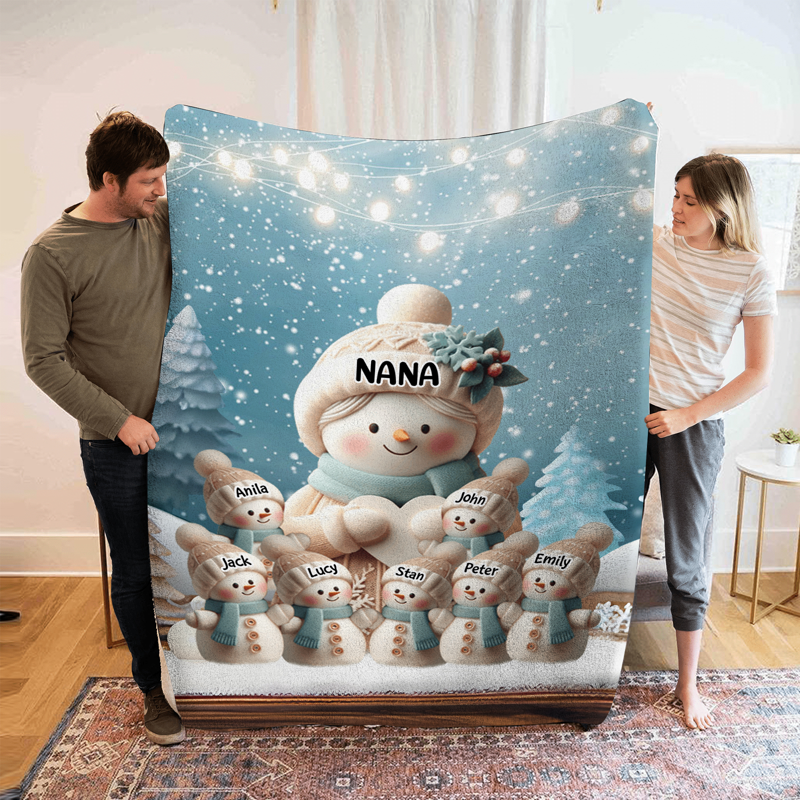 Personalised Snowman Family Blanket with Custom 8 Names Cozy Gift for Family