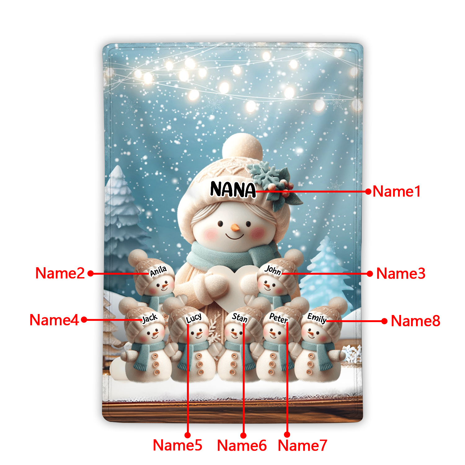 Personalised Snowman Family Blanket with Custom 8 Names Cozy Gift for Family