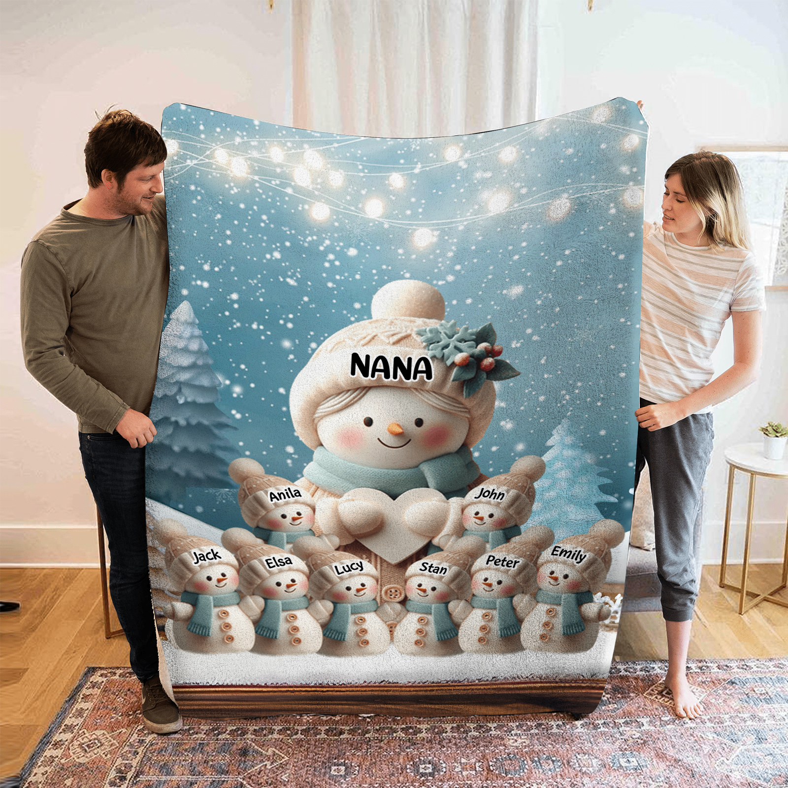 Personalised Snowman Family Blanket with Custom 9 Names Cozy Gift for Family