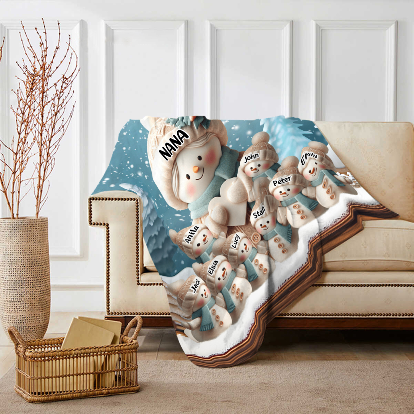 Personalised Snowman Family Blanket with Custom 9 Names Cozy Gift for Family-Jessemade AU