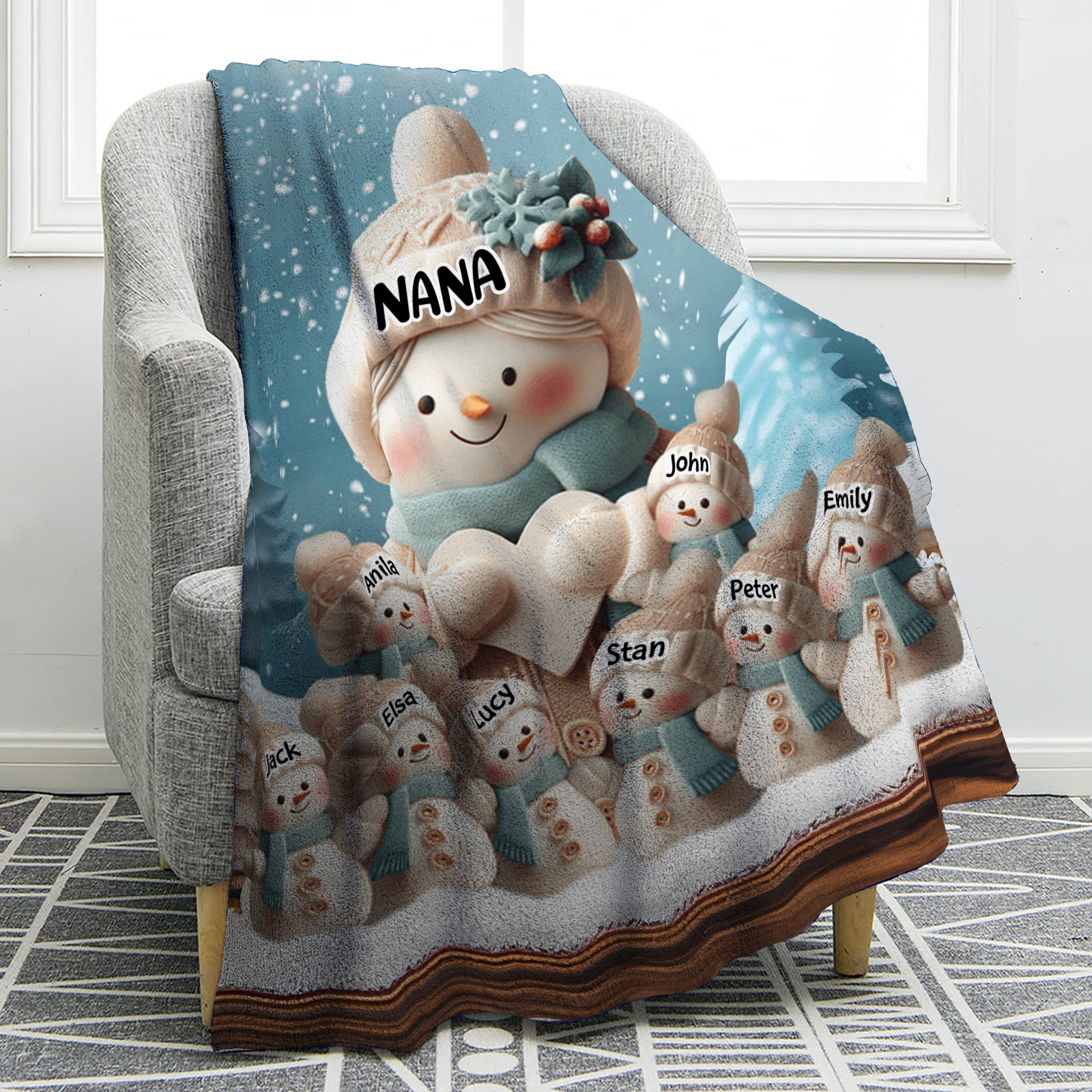 Personalised Snowman Family Blanket with Custom 9 Names Cozy Gift for Family-Jessemade AU