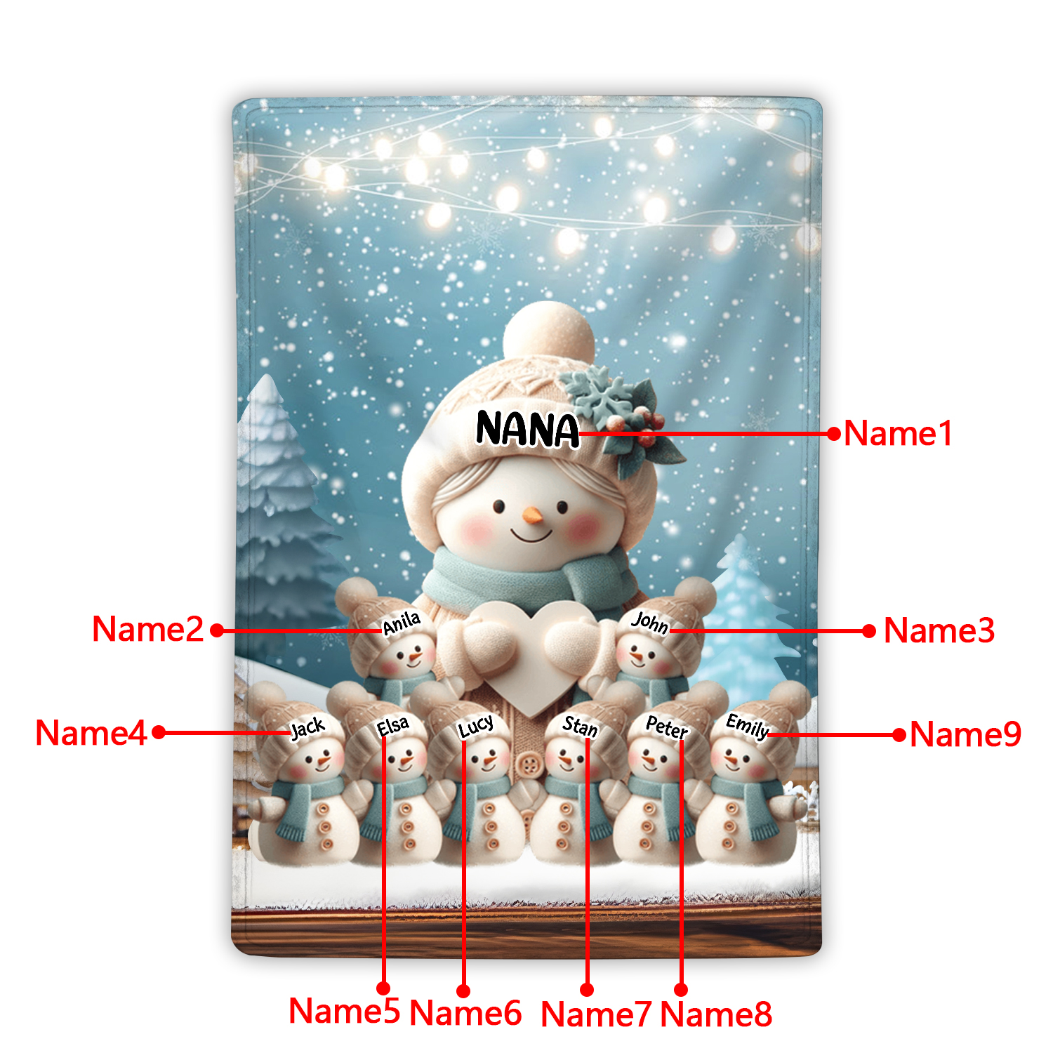 Personalised Snowman Family Blanket with Custom 9 Names Cozy Gift for Family