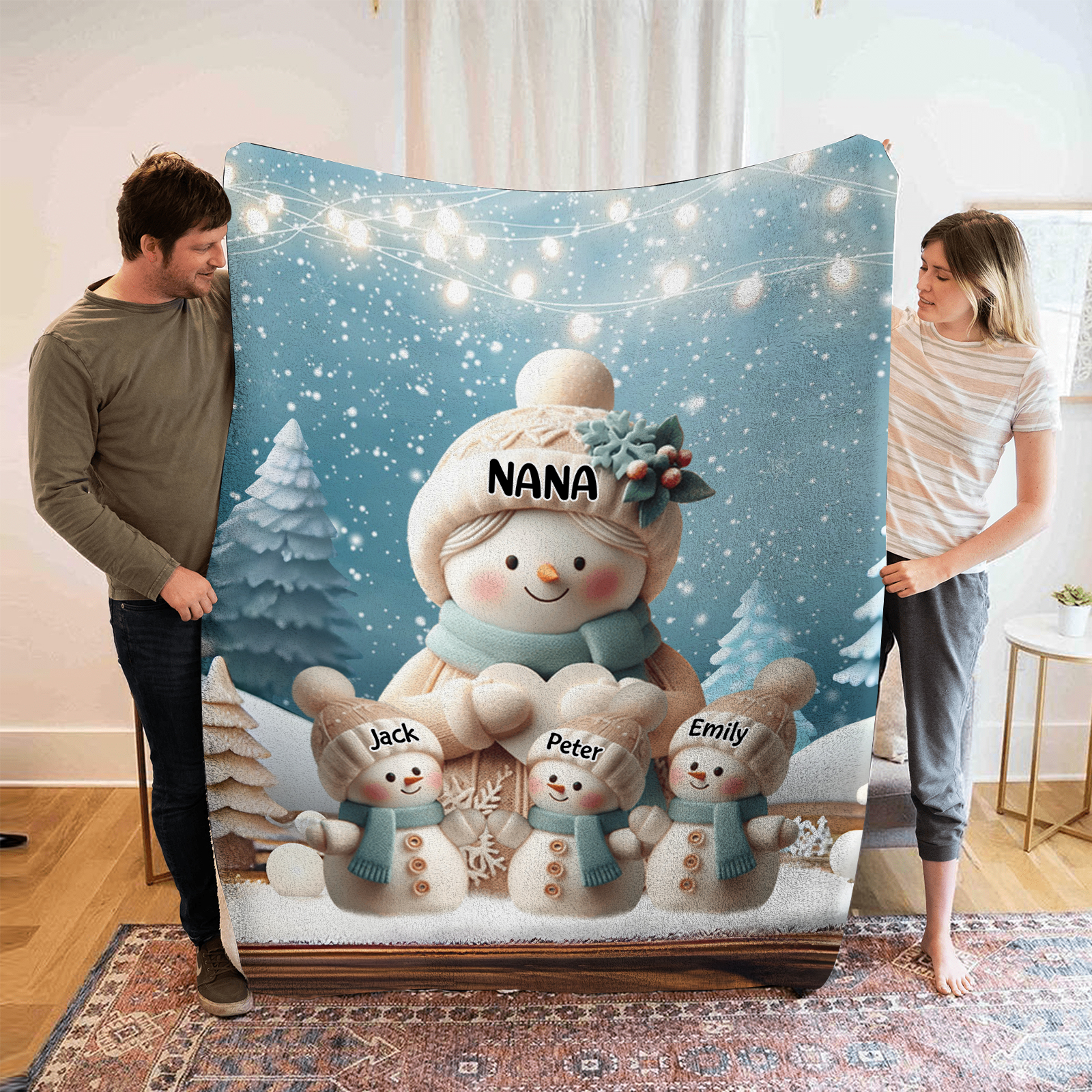Personalised Snowman Family Blanket with Custom 4 Names Cozy Gift for Family