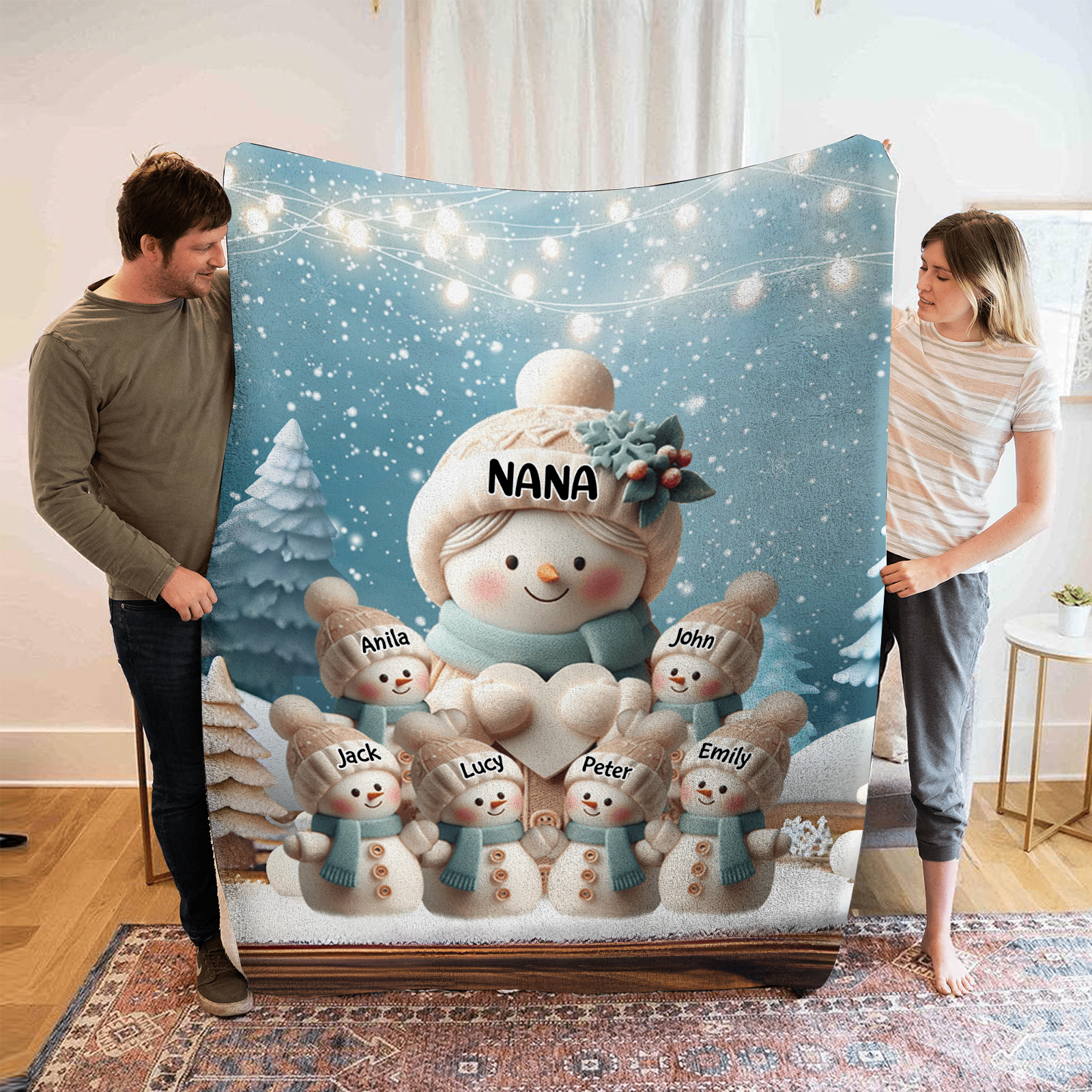 Personalised Snowman Family Blanket with Custom 7 Names Cozy Gift for Family