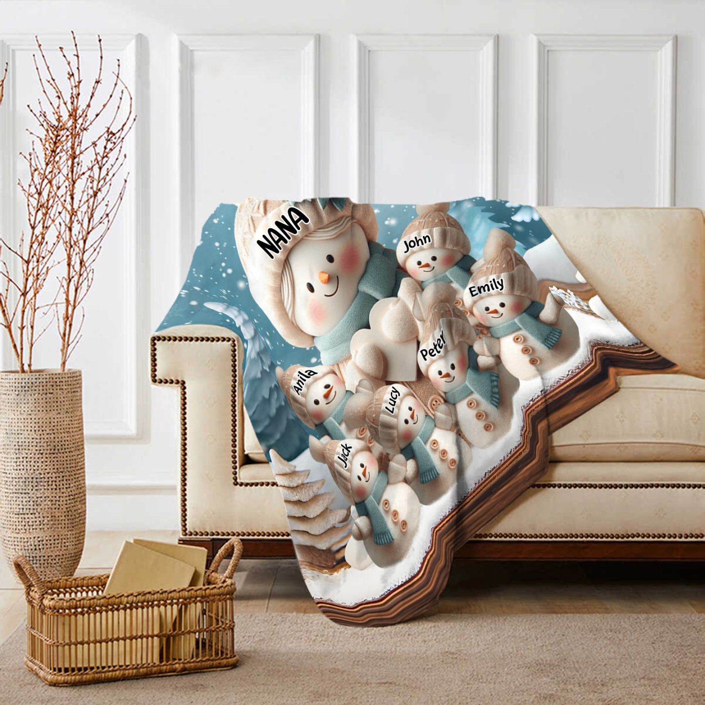 Personalised Snowman Family Blanket with Custom 7 Names Cozy Gift for Family-Jessemade AU
