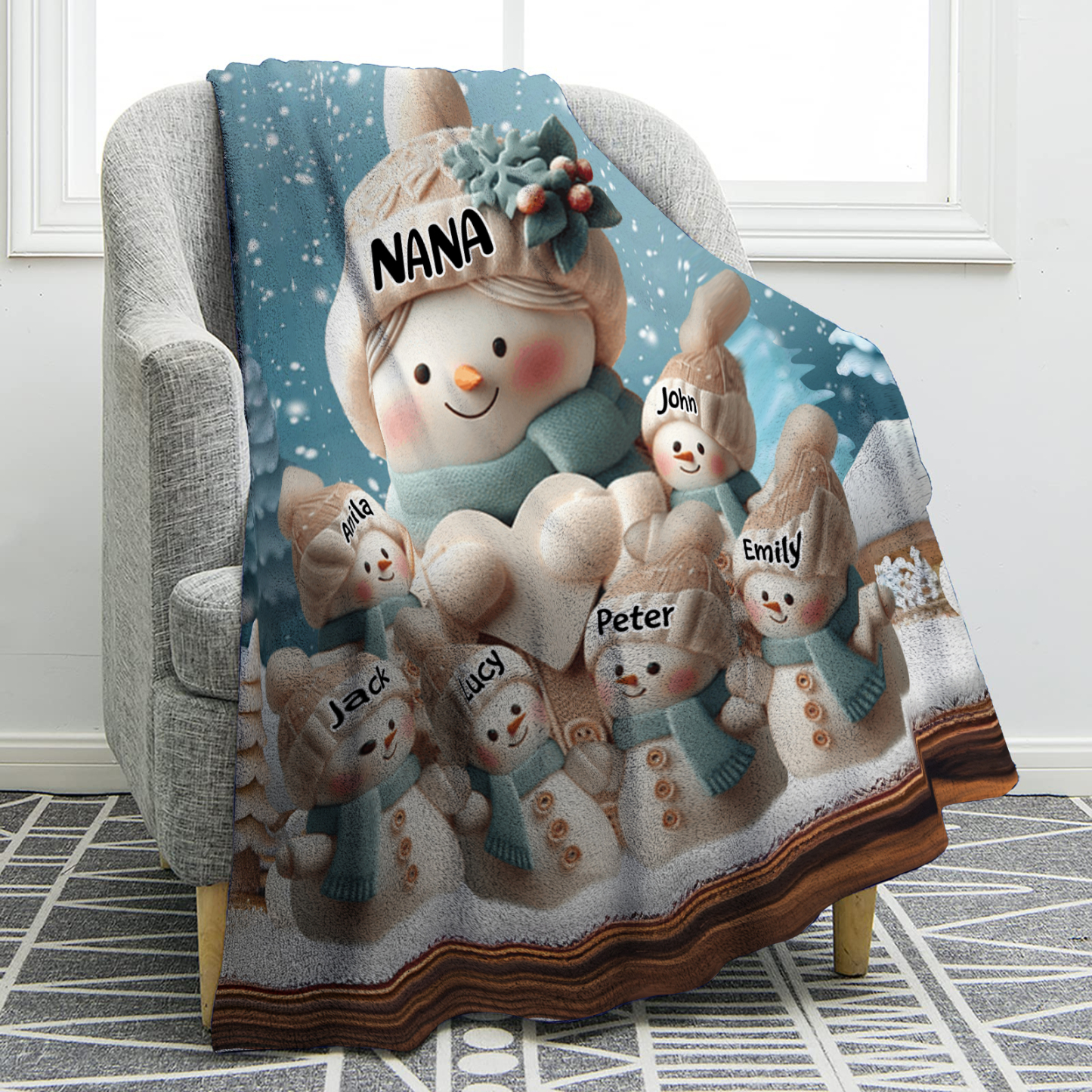 Personalised Snowman Family Blanket with Custom 7 Names Cozy Gift for Family-Jessemade AU