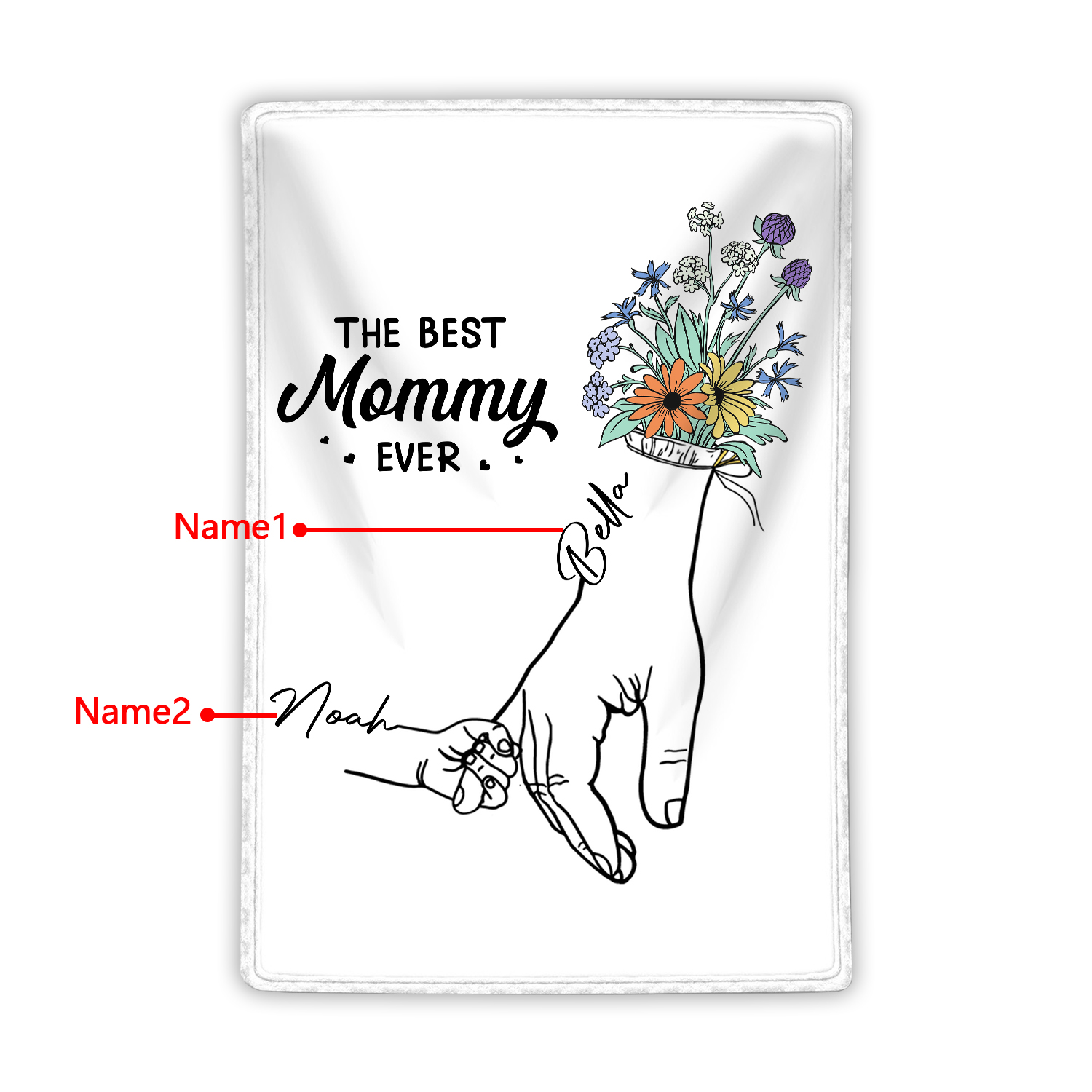Personalised Hand and Flower Blanket with Custom 2 Names Family Gift