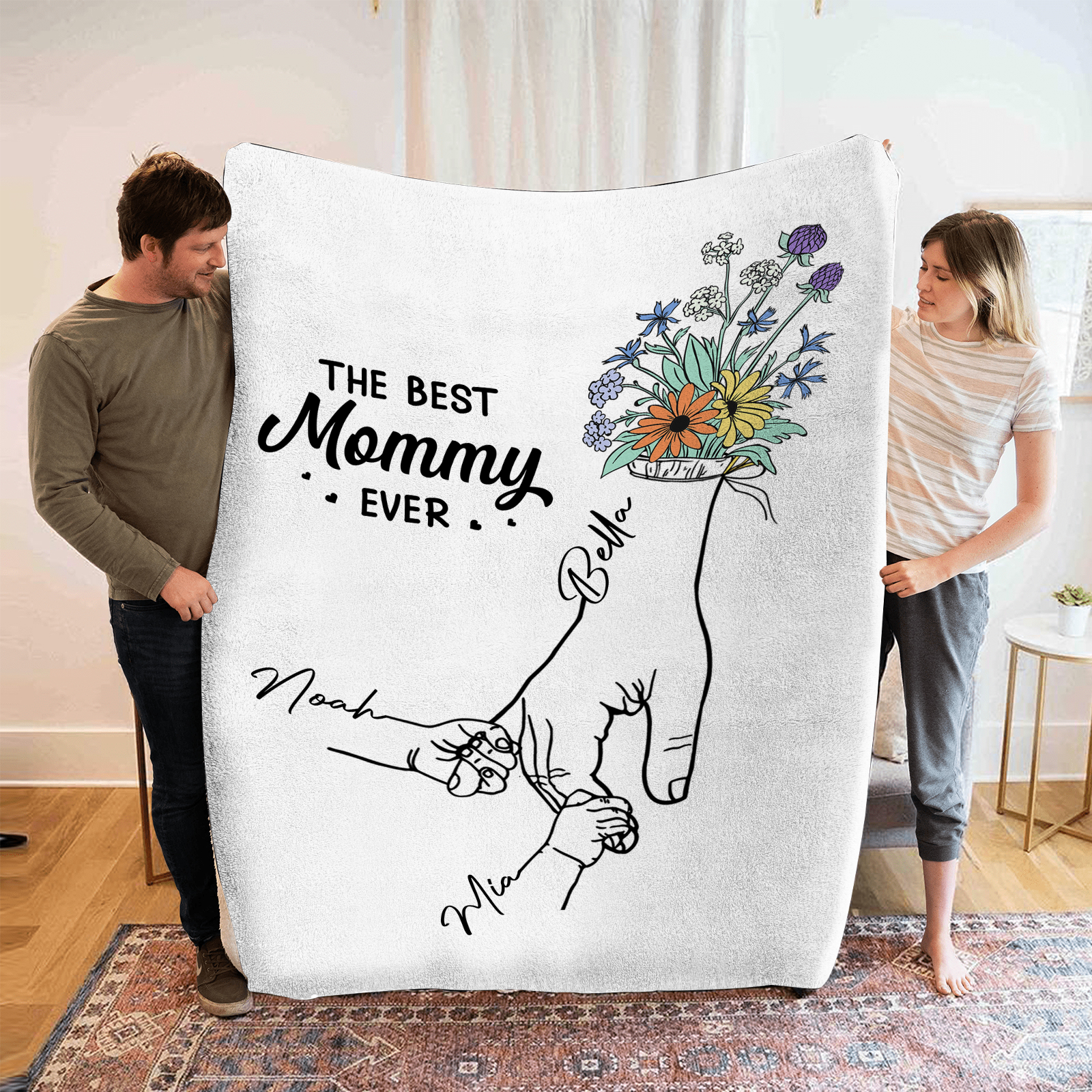 Personalised Hand and Flower Blanket with Custom 3 Names Family Gift