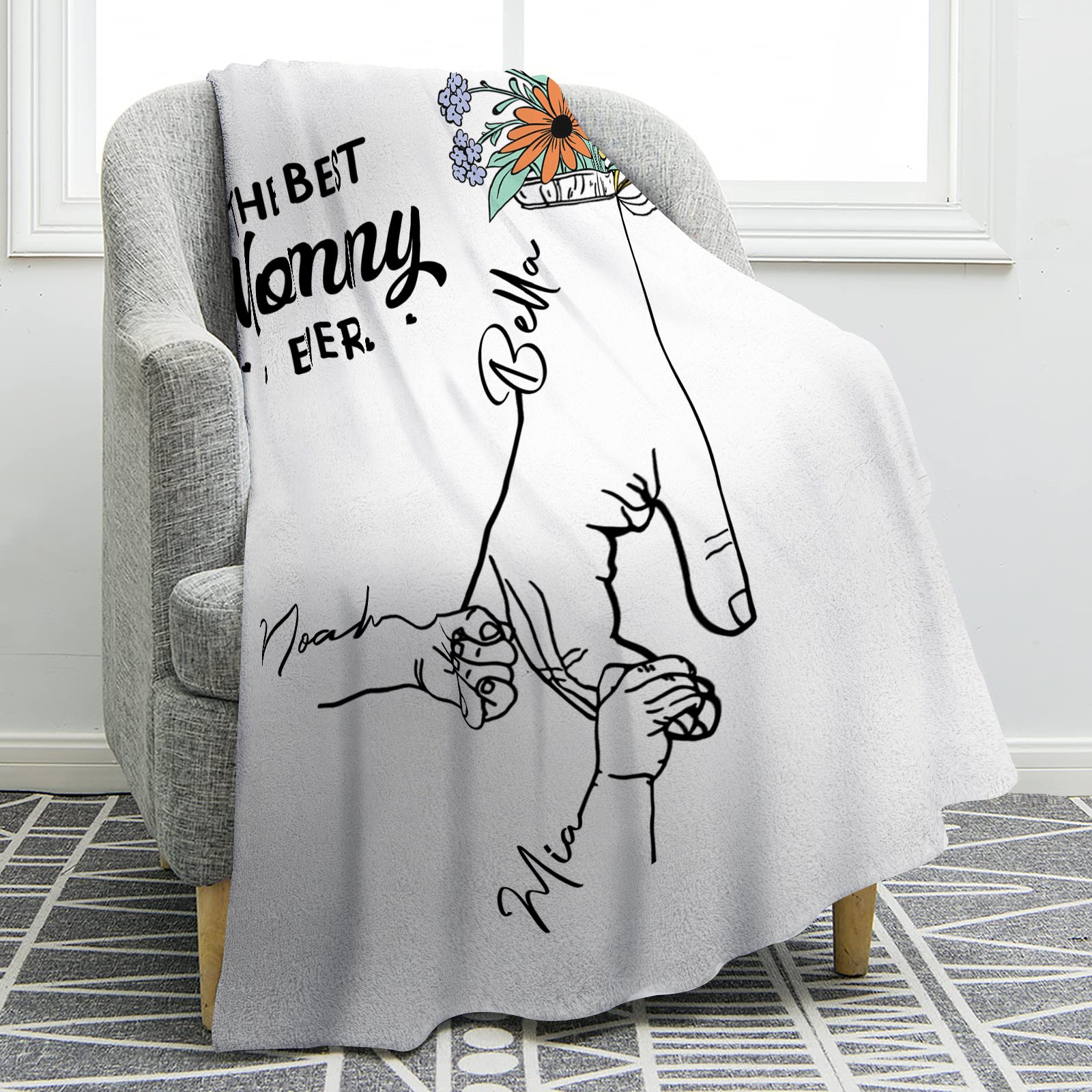 Personalised Hand and Flower Blanket with Custom 3 Names Family Gift-Jessemade AU