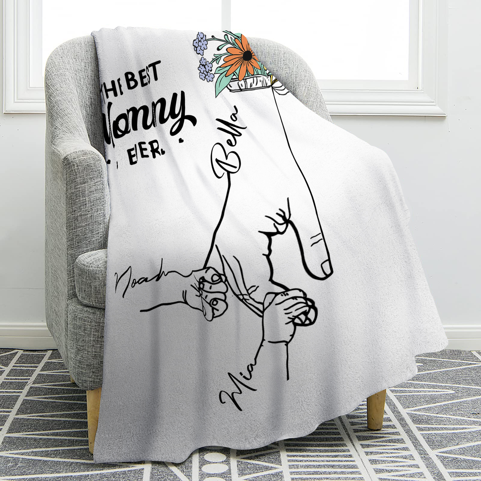 Personalised Hand and Flower Blanket with Custom 3 Names Family Gift-Jessemade AU