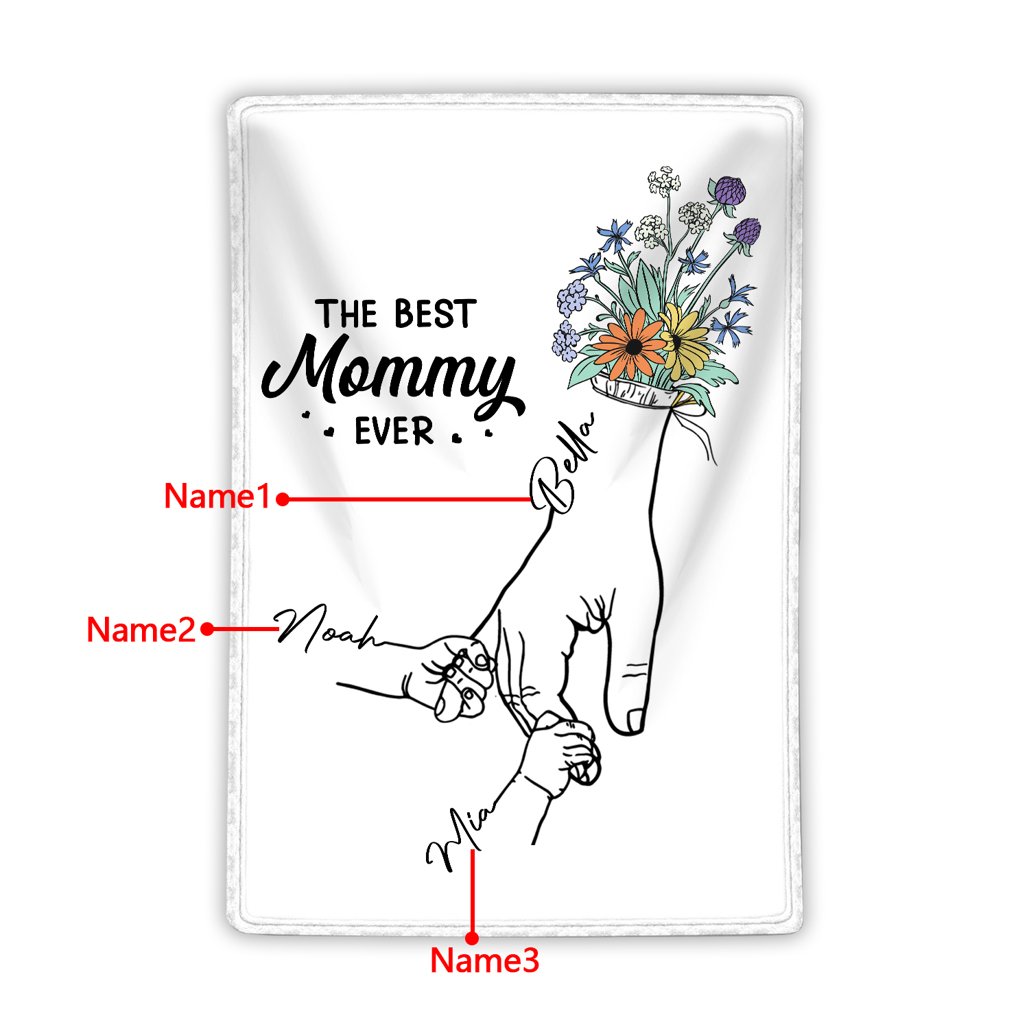 Personalised Hand and Flower Blanket with Custom 3 Names Family Gift