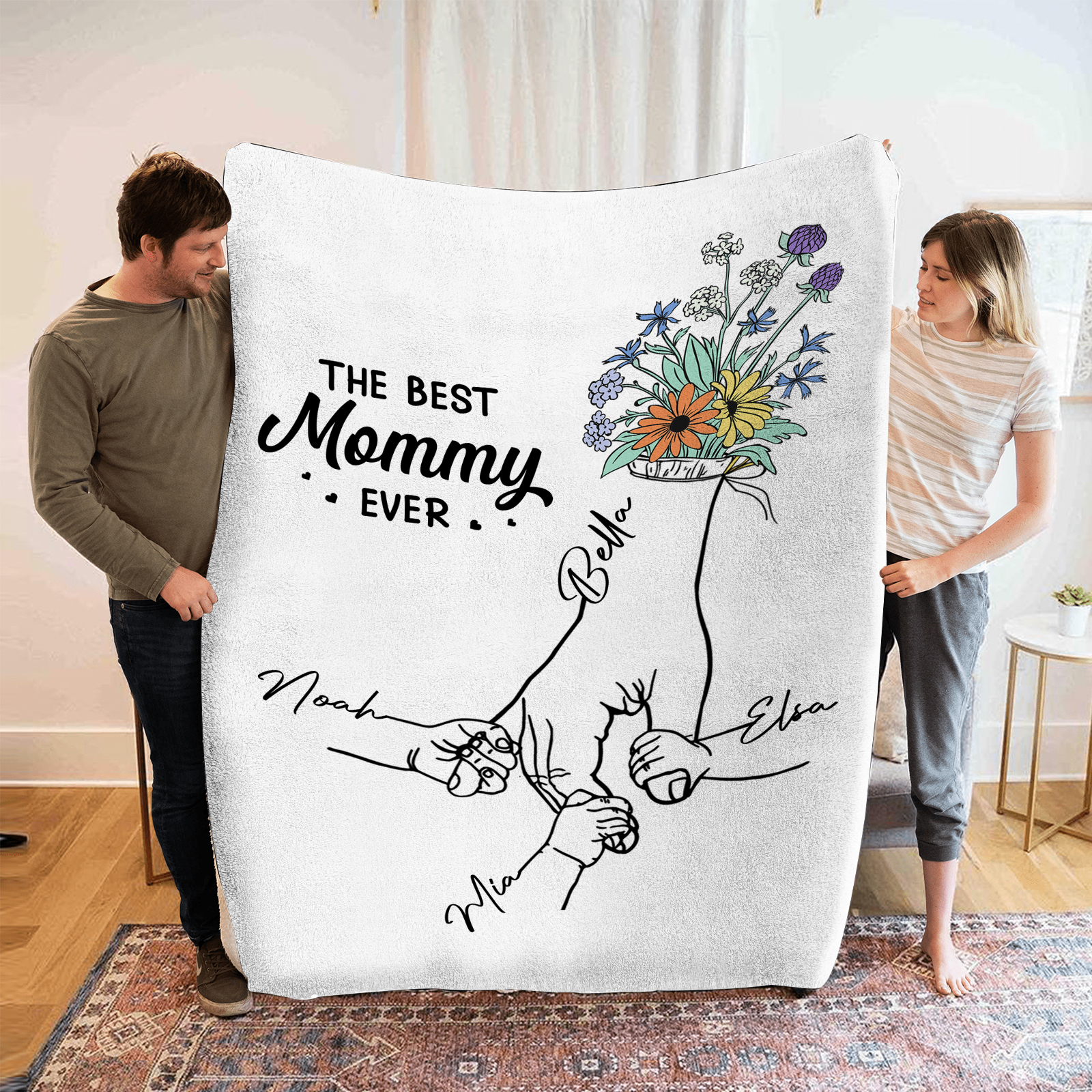 Personalised Hand and Flower Blanket with Custom 4 Names Family Gift