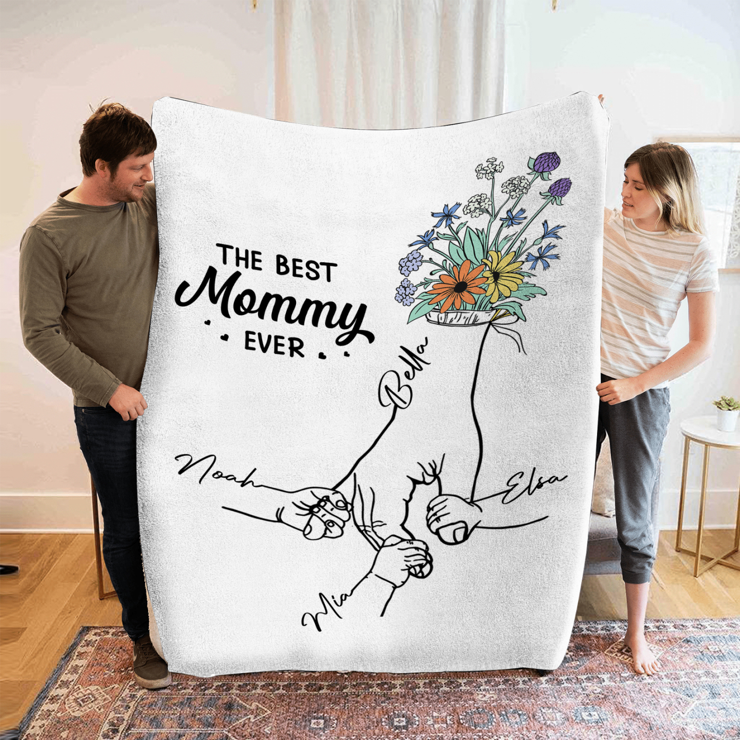 Personalised Hand and Flower Blanket with Custom 4 Names Family Gift-Jessemade AU