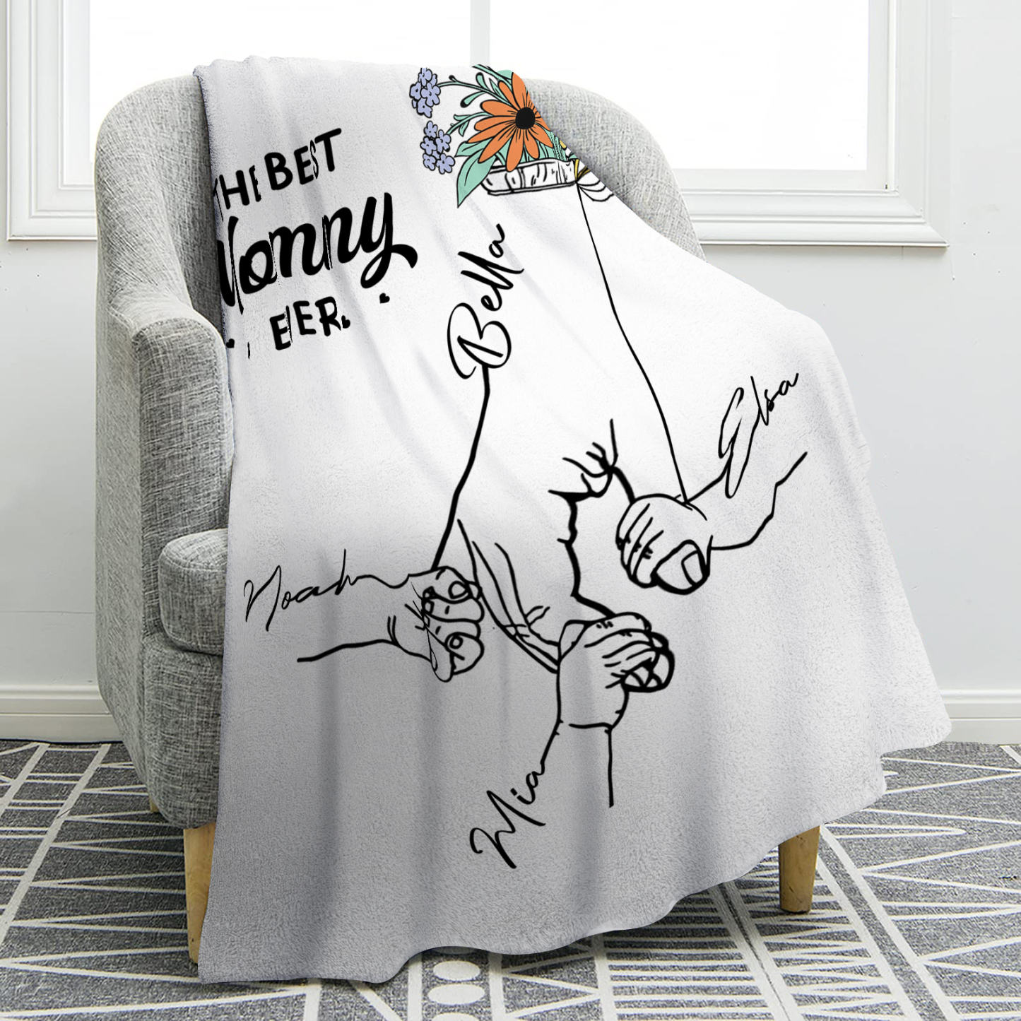 Personalised Hand and Flower Blanket with Custom 4 Names Family Gift-Jessemade AU