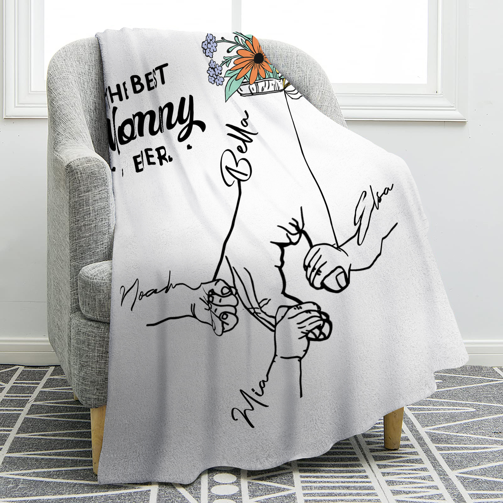 Personalised Hand and Flower Blanket with Custom 4 Names Family Gift-Jessemade AU