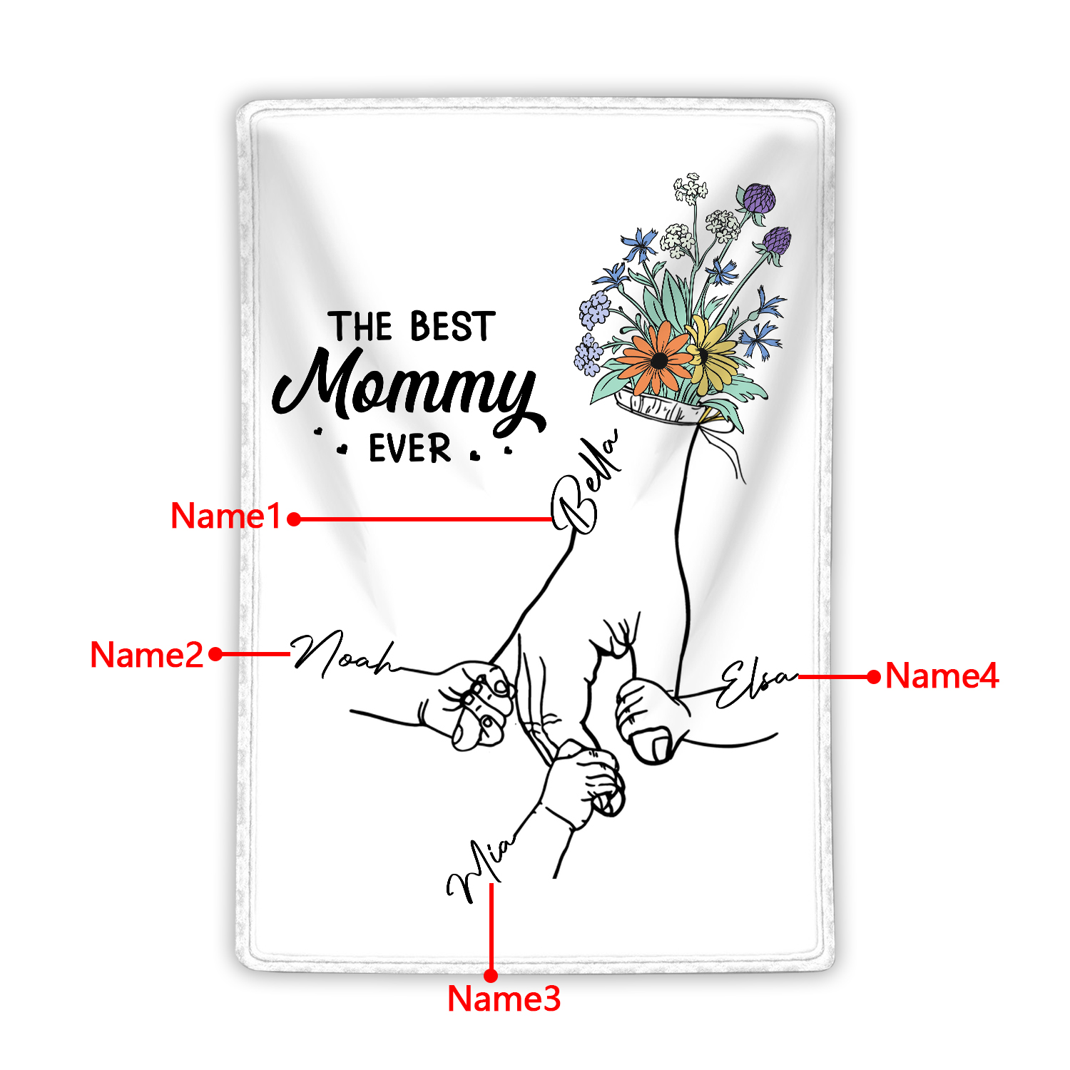 Personalised Hand and Flower Blanket with Custom 4 Names Family Gift