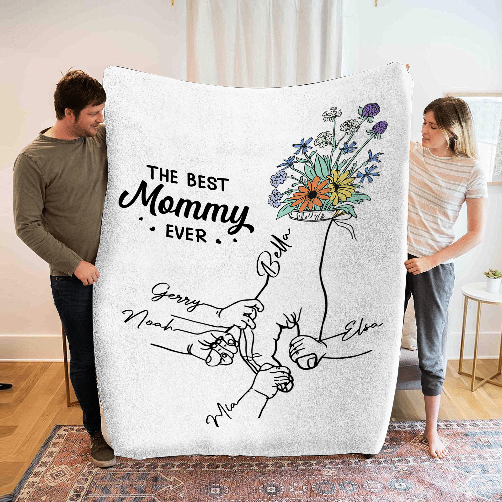 Personalised Hand and Flower Blanket with Custom 5 Names Family Gift