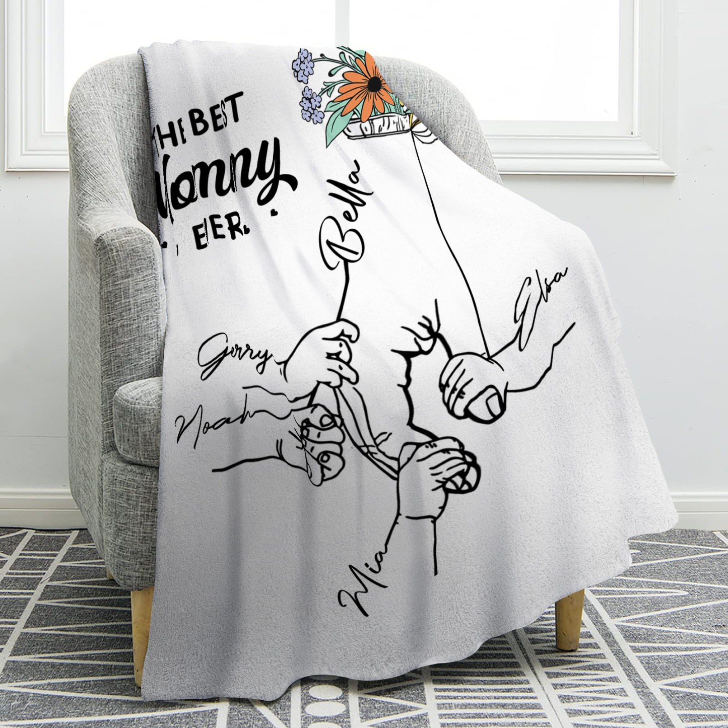 Personalised Hand and Flower Blanket with Custom 5 Names Family Gift-Jessemade AU
