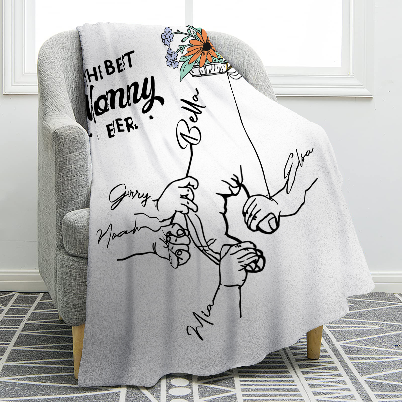 Personalised Hand and Flower Blanket with Custom 5 Names Family Gift-Jessemade AU