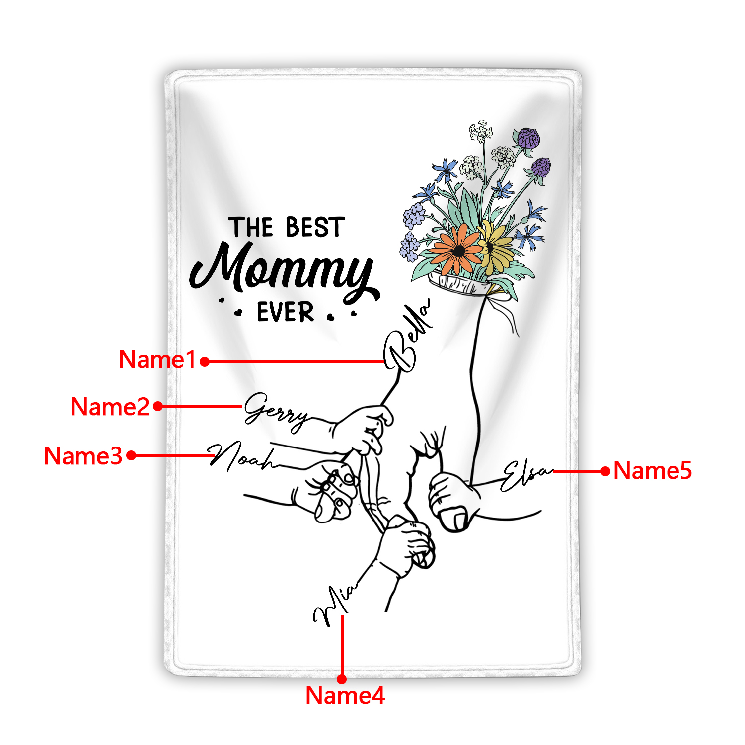 Personalised Hand and Flower Blanket with Custom 5 Names Family Gift
