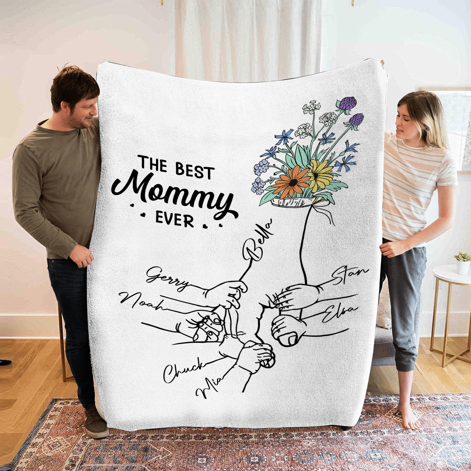 Personalised Hand and Flower Blanket with Custom 7 Names Family Gift