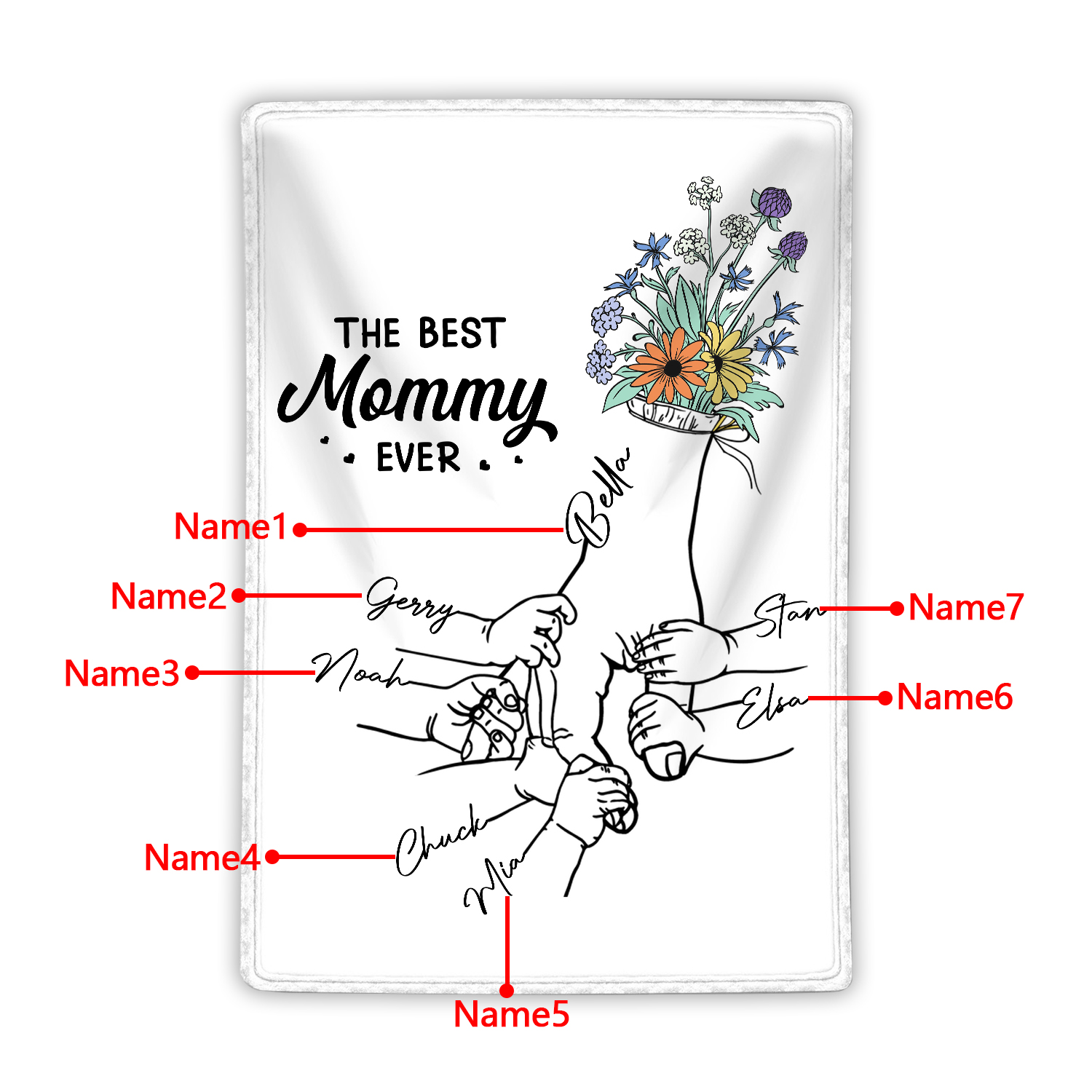 Personalised Hand and Flower Blanket with Custom 7 Names Family Gift