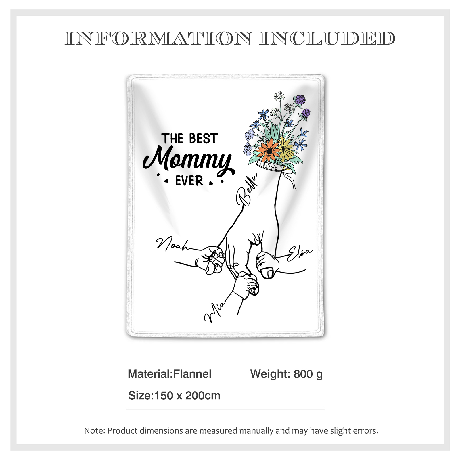 Personalised Hand and Flower Blanket with Custom 4 Names Family Gift-Jessemade AU
