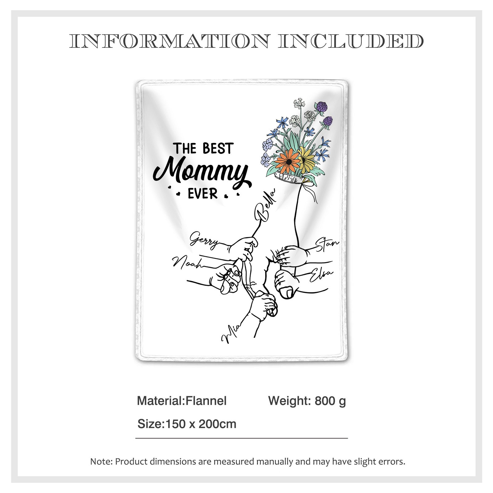 Personalised Hand and Flower Blanket with Custom 6 Names Family Gift-Jessemade AU