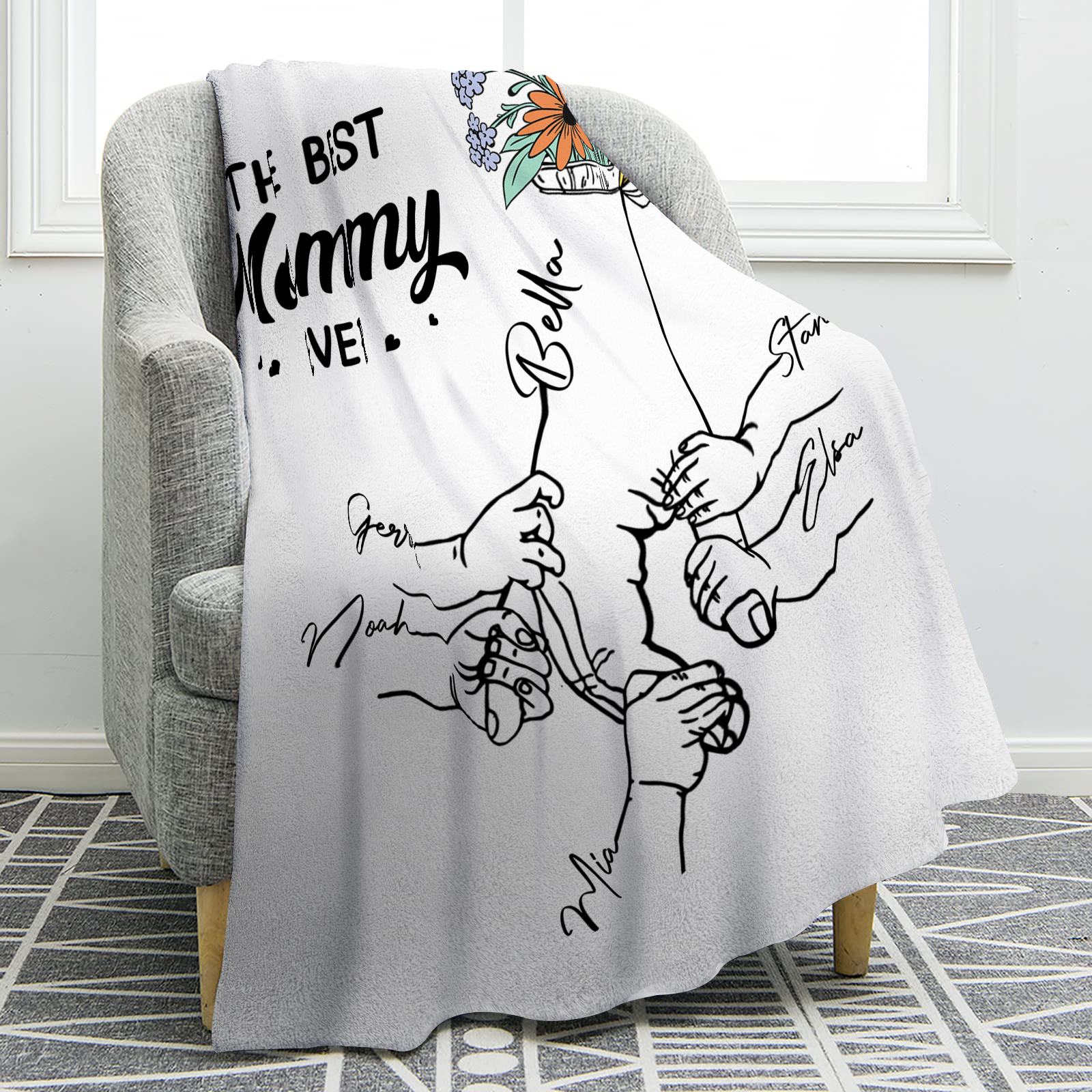 Personalised Hand and Flower Blanket with Custom 6 Names Family Gift-Jessemade AU