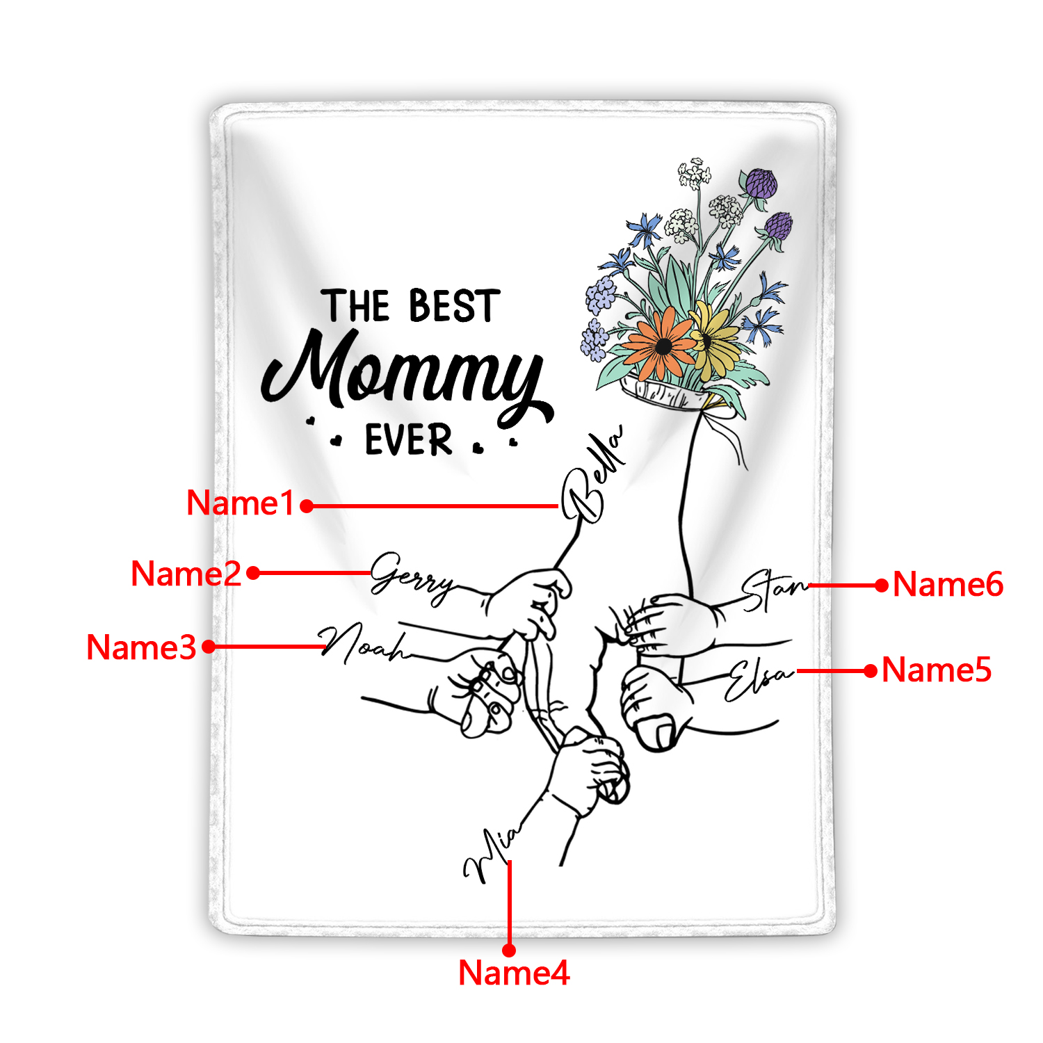 Personalised Hand and Flower Blanket with Custom 6 Names Family Gift