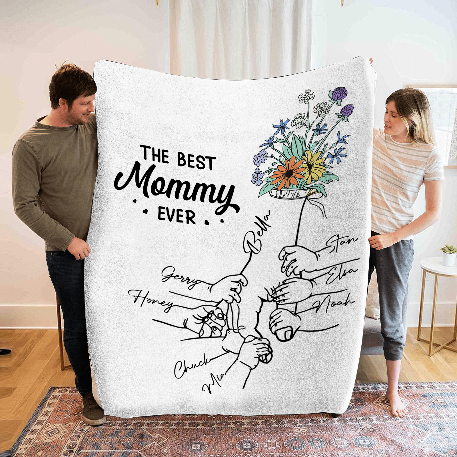 Personalised Hand and Flower Blanket with Custom 8 Names Family Gift
