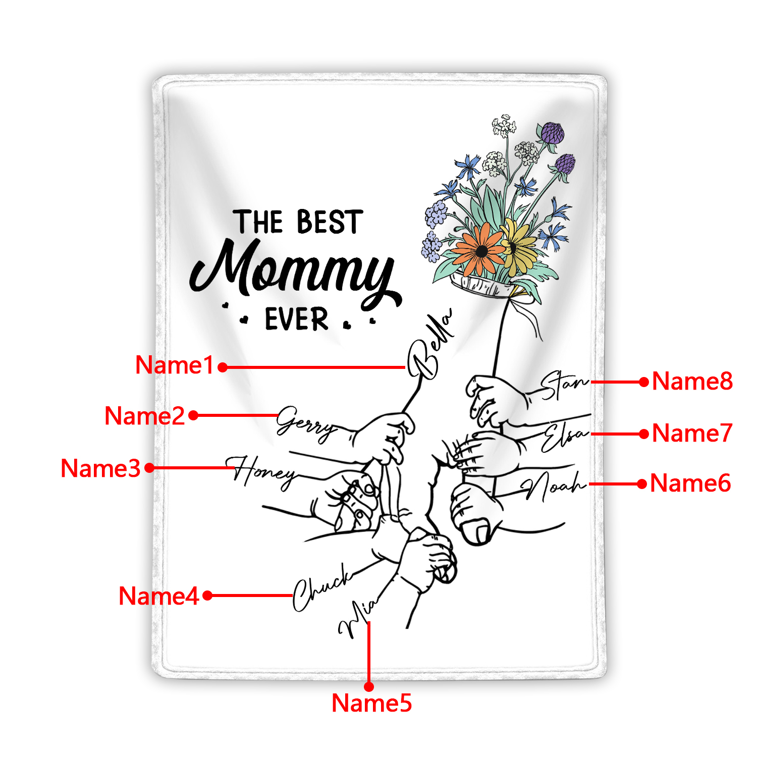 Personalised Hand and Flower Blanket with Custom 8 Names Family Gift