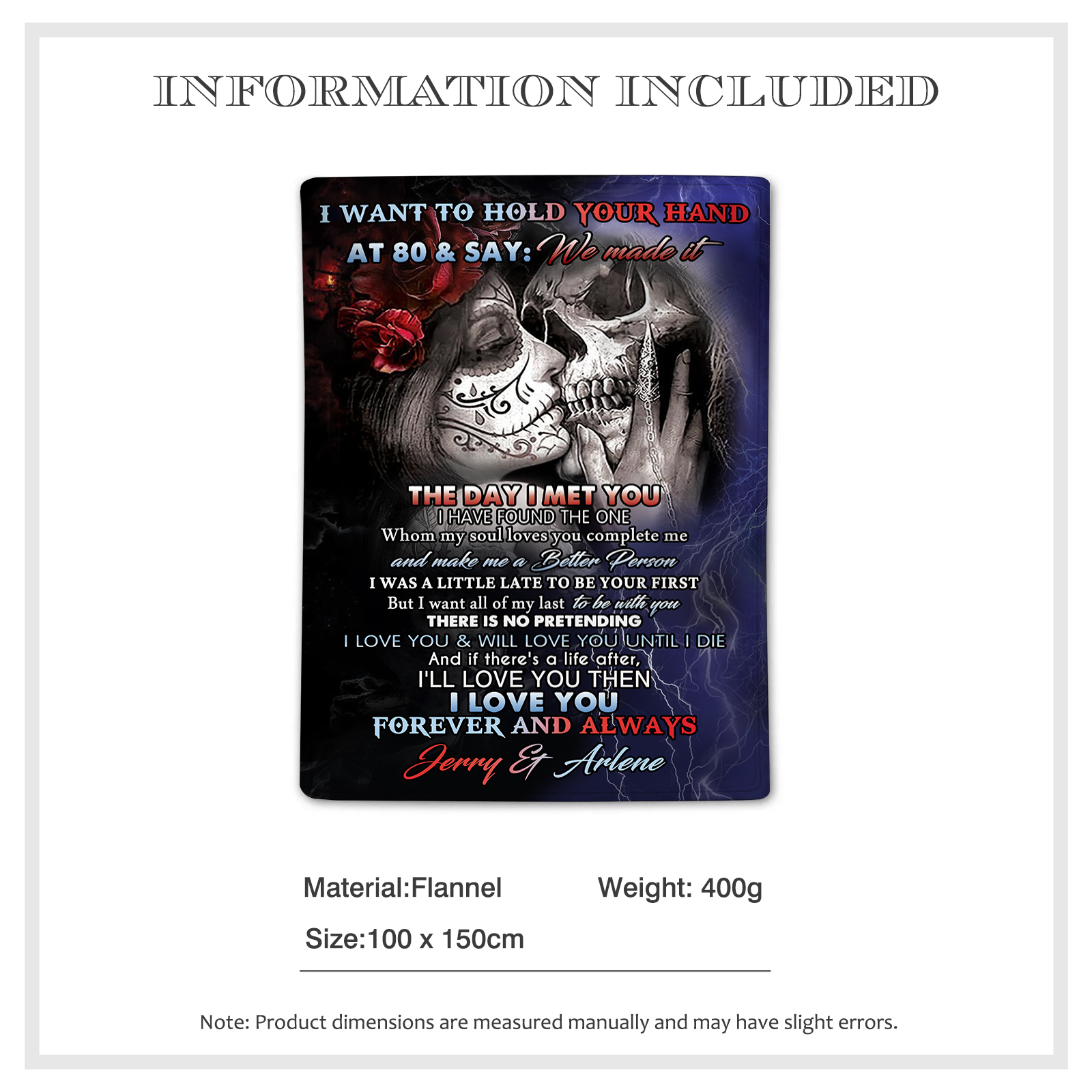 I Want To Hold Your Hand at 80 Personalised Couple Blanket Forever Love Skull Design with Custom 2 Names-Jessemade AU