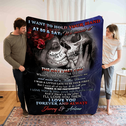 I Want To Hold Your Hand at 80 Personalised Couple Blanket Forever Love Skull Design with Custom 2 Names-Jessemade AU