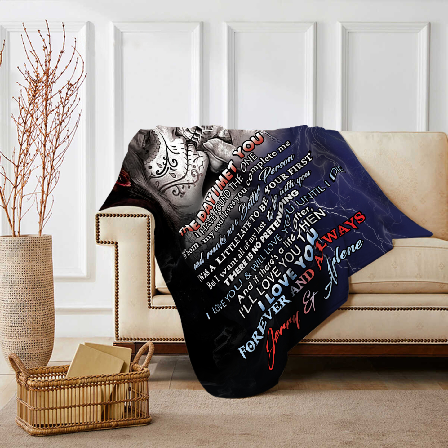 I Want To Hold Your Hand at 80 Personalised Couple Blanket Forever Love Skull Design with Custom 2 Names-Jessemade AU