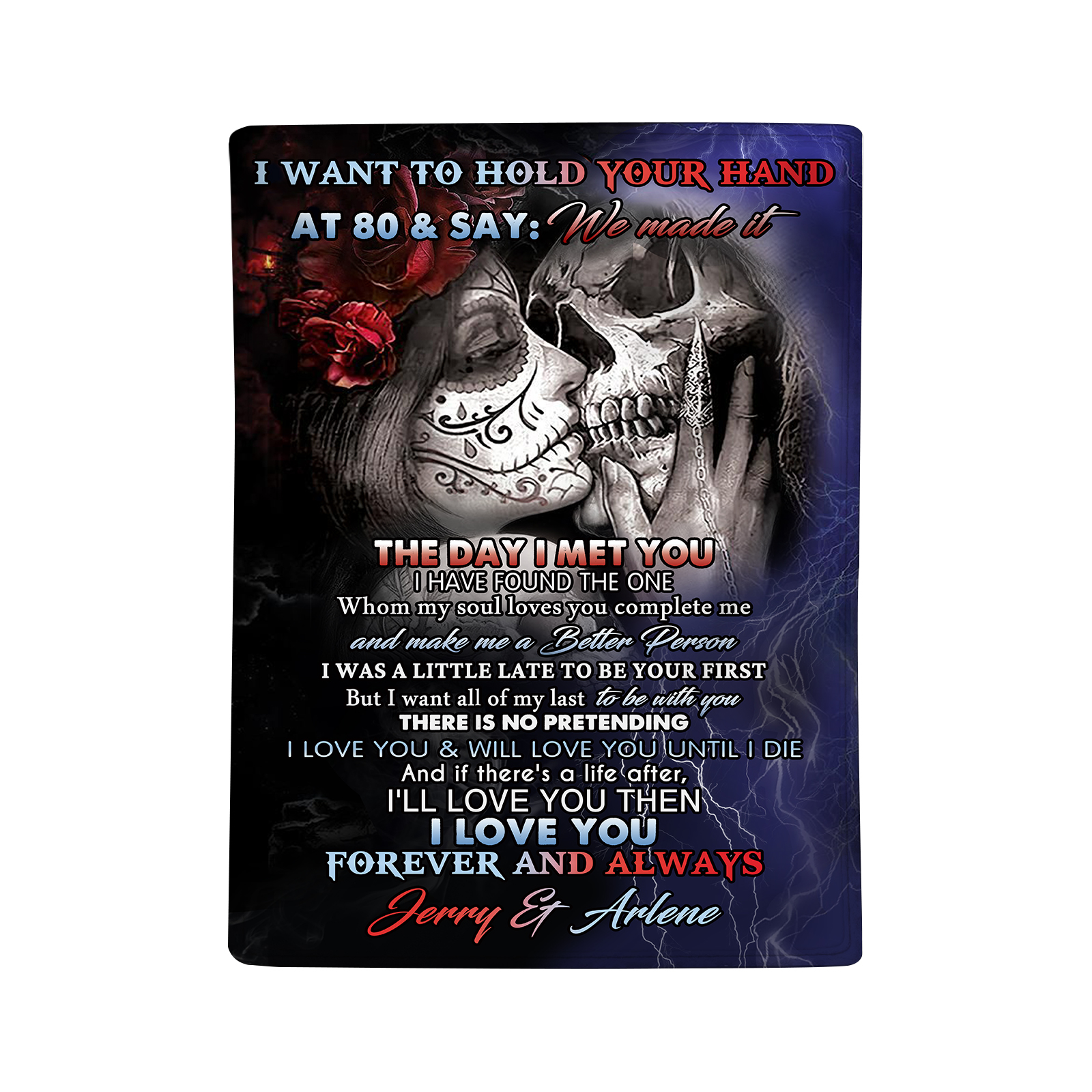 I Want To Hold Your Hand at 80 Personalised Couple Blanket Forever Love Skull Design with Custom 2 Names-Jessemade AU