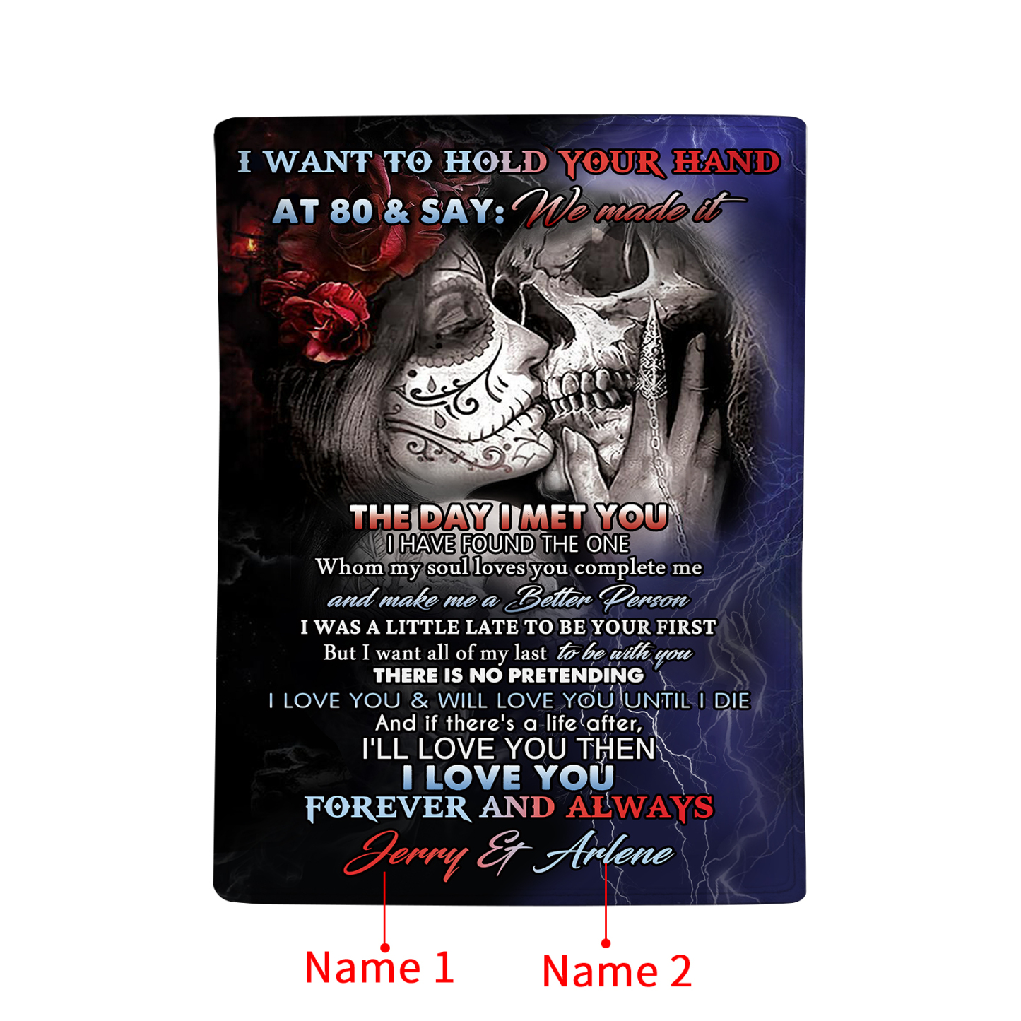I Want To Hold Your Hand at 80 Personalised Couple Blanket Forever Love Skull Design with Custom 2 Names-Jessemade AU