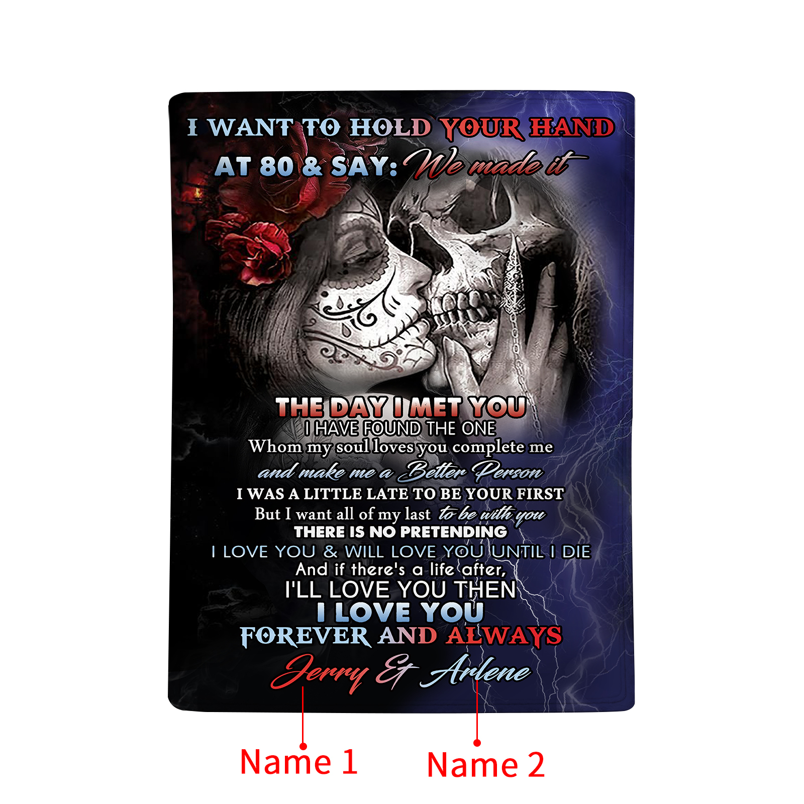 I Want To Hold Your Hand at 80 Personalised Couple Blanket Forever Love Skull Design with Custom 2 Names-Jessemade AU