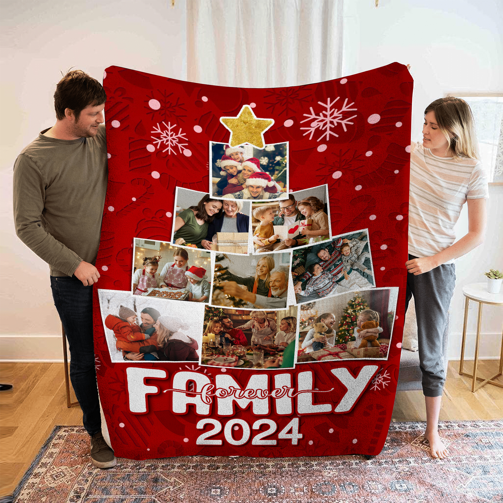 Personalised Christmas Tree Photo Blanket Custom Family Photo Blanket 2024 Holiday Gift