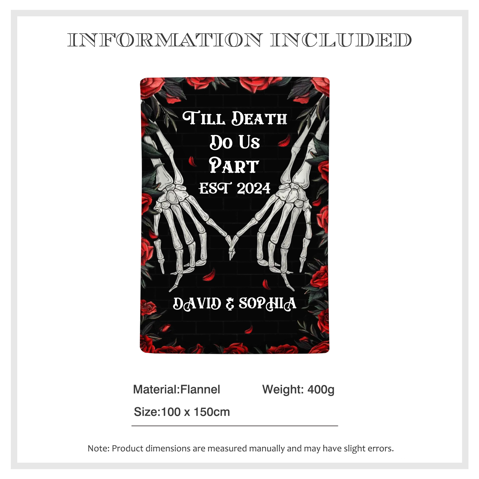Till Death Do Us Part Personalised Couple Blanket with 2 Names Roses and Skeleton Hands-Jessemade AU