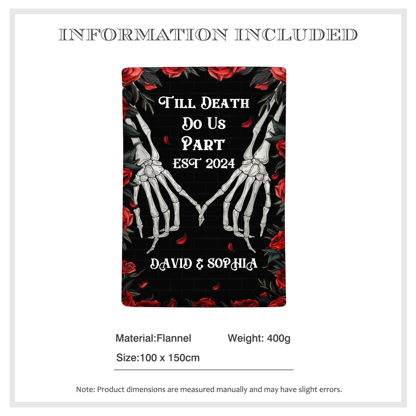 Till Death Do Us Part Personalised Couple Blanket with 2 Names Roses and Skeleton Hands-Jessemade AU