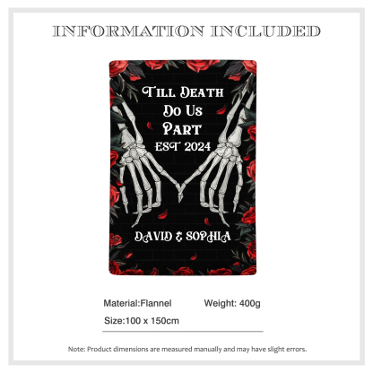 Till Death Do Us Part Personalised Couple Blanket with 2 Names Roses and Skeleton Hands-Jessemade AU