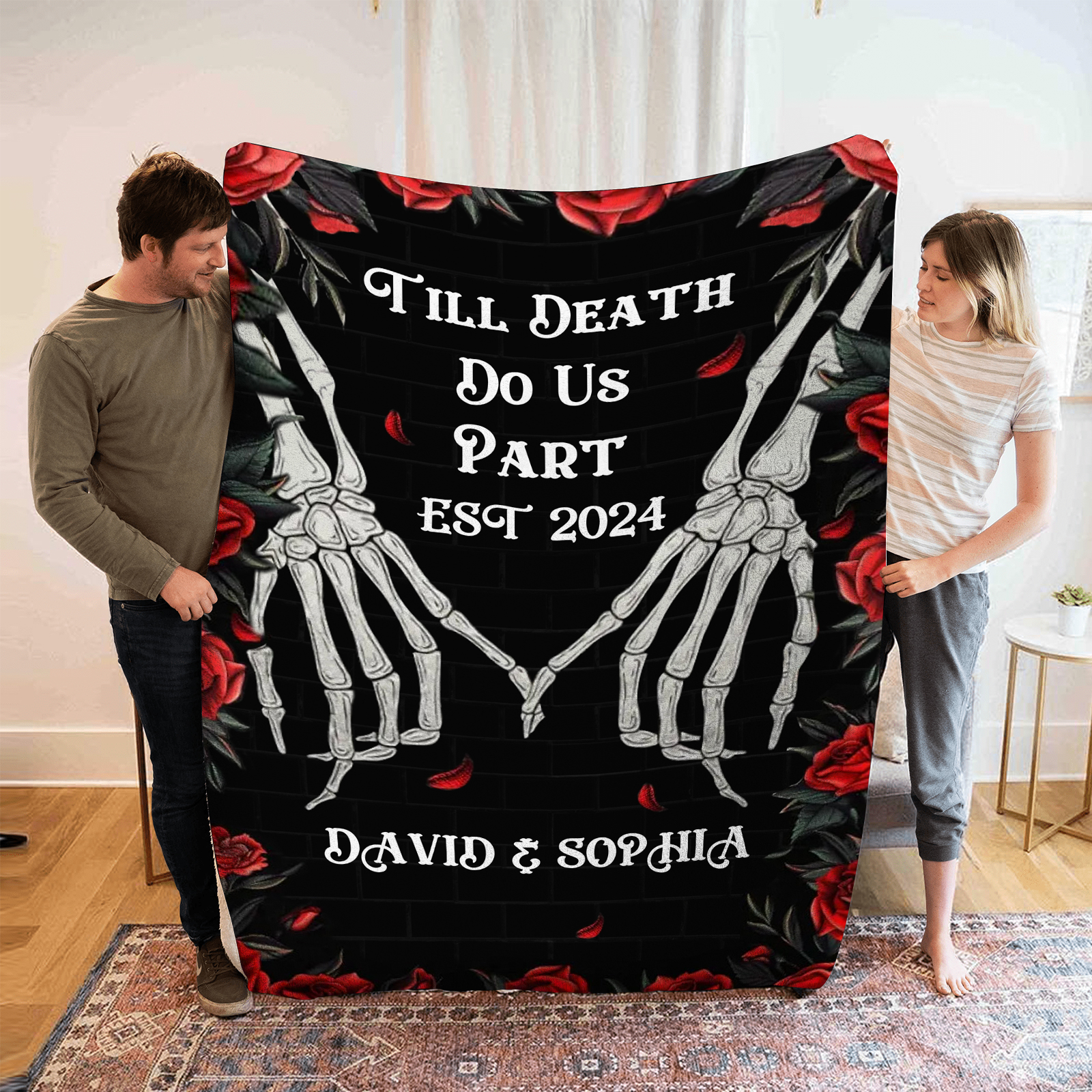 Till Death Do Us Part Personalised Couple Blanket with Names Roses and Skeleton Hands