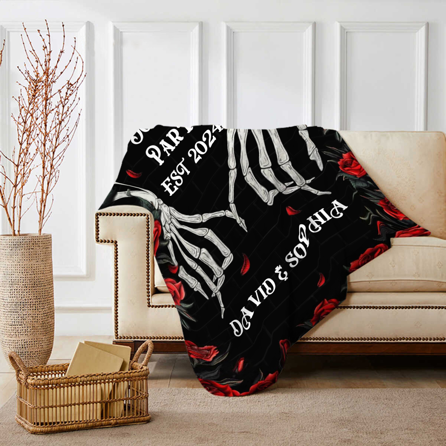 Till Death Do Us Part Personalised Couple Blanket with 2 Names Roses and Skeleton Hands-Jessemade AU