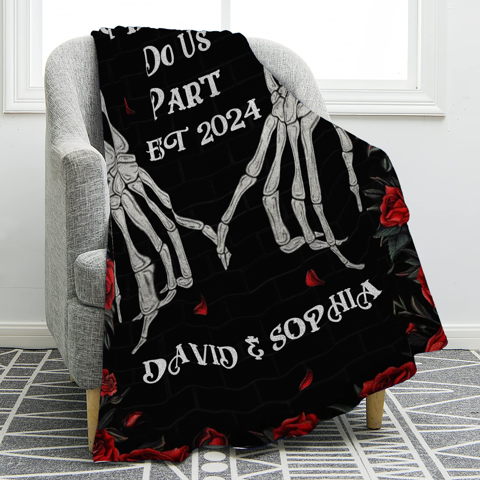 Till Death Do Us Part Personalised Couple Blanket with 2 Names Roses and Skeleton Hands-Jessemade AU