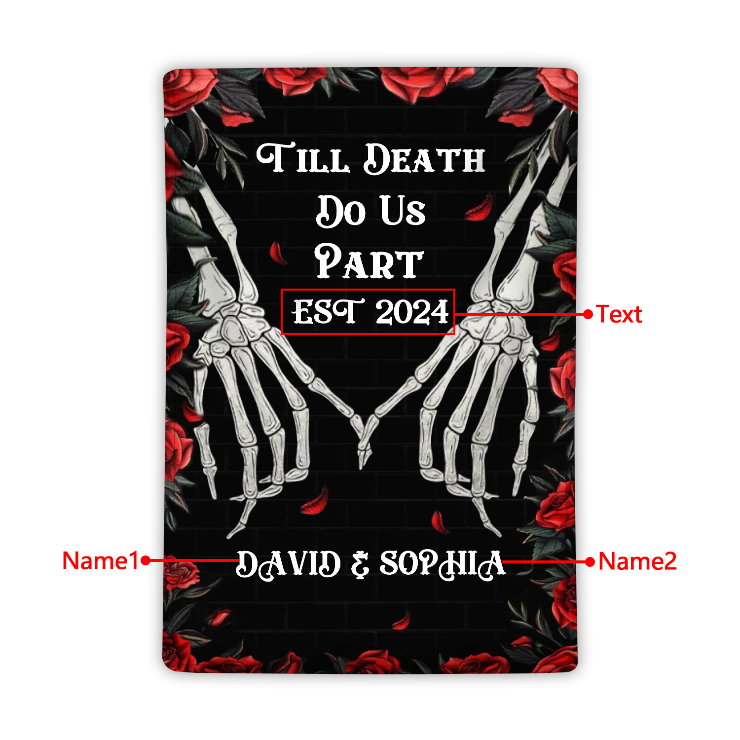 Till Death Do Us Part Personalised Couple Blanket with Names Roses and Skeleton Hands